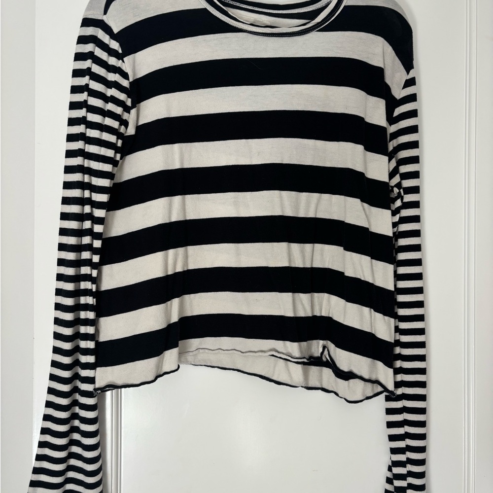 THE GREAT. Black and White Striped Long Sleeve Top